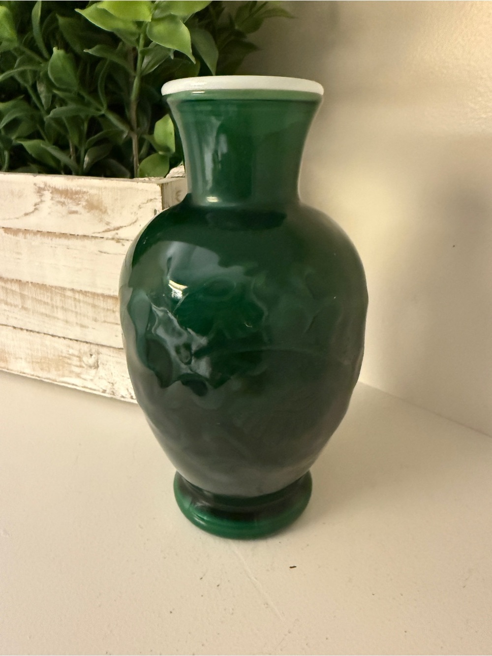 Vintage Emerald Green Cased Art Glass Vase White Rim Raised Floral 7”